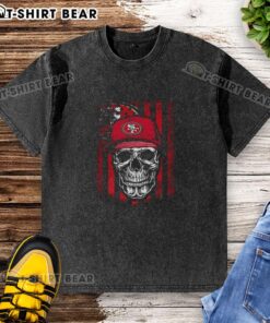 Hot San Francisco 49ers NFL skull graphic on American flag washed t-shirt for football lovers.