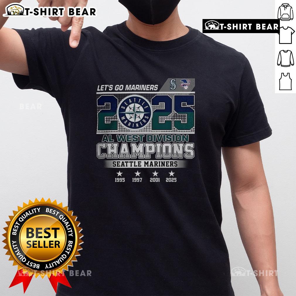 Hot Seattle Mariners Let'S Go 2025 Al West Champions Historic Years T Shirt Hot Seattle Mariners 2025 AL West Champions T-Shirt celebrating historic years in baseball with vibrant team graphics.