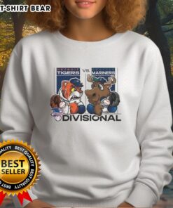 Hot Seattle Mariners vs Detroit Tigers 2025 ALDS mascot sweatshirt featuring vibrant team logos and colors.