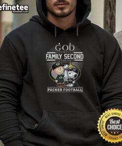 Alt Text: Hot Snoopy and Charlie Brown hoodie with 'God First, Family Second, Green Bay Packers' design for football fans.