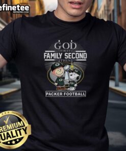 Alt Text: Hot Snoopy and Charlie Brown t-shirt featuring 'God First Family Second Then Green Bay Packers' design.