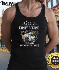 Hot Snoopy and Charlie Brown tank top featuring 'God First, Family Second, Then Green Bay Packers Football' design.