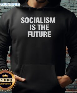 Person wearing a 'Hot Socialism Is The Future' hoodie, showcasing a bold political statement in casual fashion.