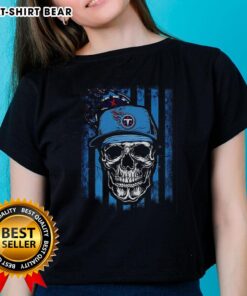 Hot Tennessee Titans NFL skull design with American flag on a ladies tee for football lovers.