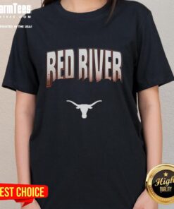 Hot Texas Football vs Oklahoma Football Red River Rivalry 2025 Ladies Tee showcasing team colors and logo design.