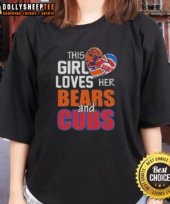 Hot girl wearing a Chicago sports-themed tee featuring Bears and Cubs, showcasing her love for local teams.