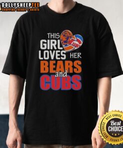Girl wearing a Chicago Bears and Cubs T-shirt, showcasing her love for Chicago sports in a vibrant urban setting.