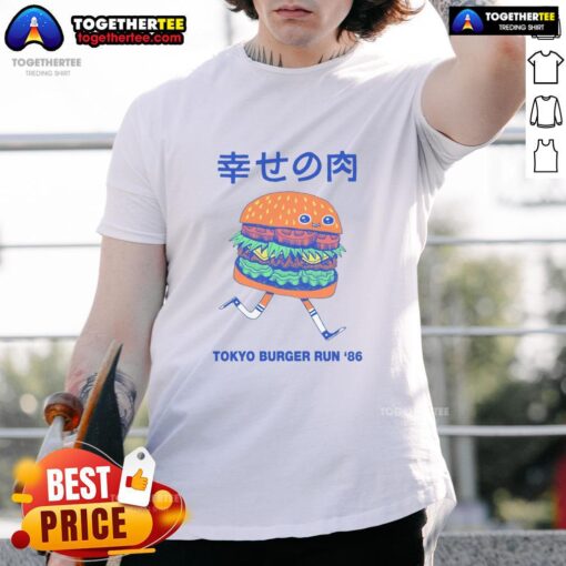Hot Tokyo Burger Run '86 T-Shirt featuring colorful retro graphics and bold text, perfect for vintage fashion enthusiasts.