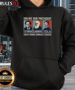 Hot hoodie featuring Feynman, Darwin, and Tesla, celebrating great minds and the embrace of science and hope.