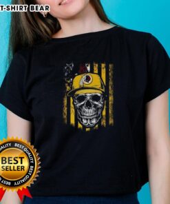 Hot Washington Redskins NFL skull graphic tee featuring the American flag, perfect for football lovers and stylish fans.