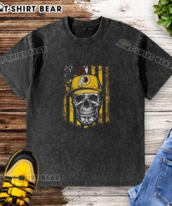 Hot Washington Redskins NFL skull graphic on American flag design t-shirt for football lovers, perfect casual wear.