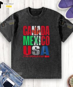 Top Canada Mexico USA FIFA World Cup 2026 washed t-shirt featuring vibrant national colors and iconic tournament logo.
