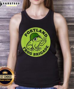 Nice Portland Frog Brigade protest tank top featuring vibrant frog graphics, perfect for eco-activism and stylish comfort.