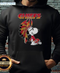 Alt Text: Cute Snoopy wearing a war bonnet with a Kansas City Chiefs football helmet hoodie, perfect for fans and collectors.