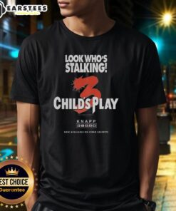 Official Chucky Child's Play 3 T-Shirt featuring 'Look Who's Stalking' Halloween characters, perfect for horror fans.