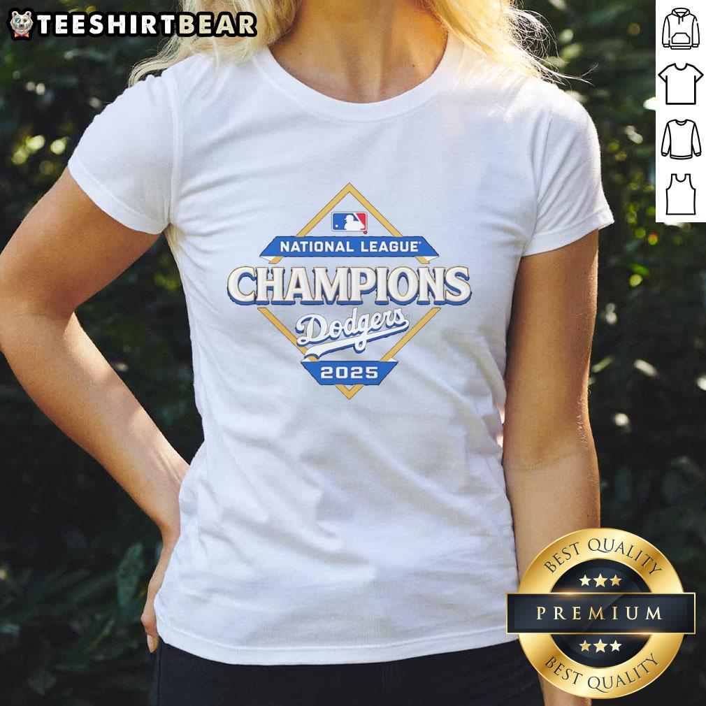 Official Los Angeles Dodgers 2025 National League Champions Diamond Logo Ladies-Tee Official Los Angeles Dodgers 2025 National League Champions diamond logo ladies tee in blue and white design.