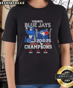 Toronto Blue Jays mascot celebrates 2025 American League Champions in skyline graphic on ladies' tee shirt.