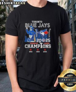 2025 American League Champions Toronto Blue Jays Mascot T-Shirt featuring baseball skyline design, perfect for fans.