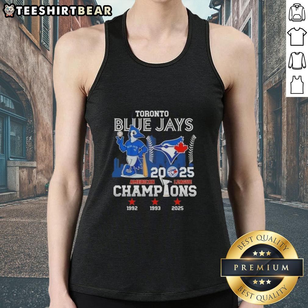 Nice 2025 American League Champions 3x Toronto Blue Jays Mascot Baseball Skyline Tank Top Alt Text: Toronto Blue Jays mascot tank top celebrating the 2025 American League Champions with city skyline design.