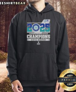 Seattle Mariners 2025 American League Champions graphic hoodie featuring bold team logo and vibrant colors.