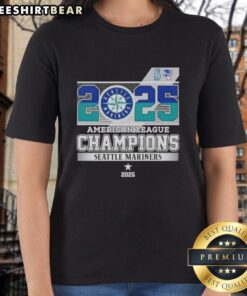 Seattle Mariners 2025 American League Champions graphic on ladies tee showcasing team pride and stylish design.