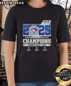 Alt Text: 2025 American League Champions Toronto Blue Jays ladies tee, celebrating 3x title wins with stylish design.