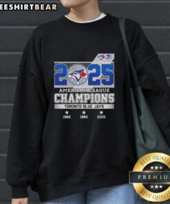 2025 American League Champions Toronto Blue Jays sweatshirt featuring a stylish 3x times design for fans and collectors.