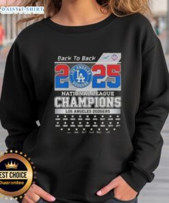 Nice 2025 Back to Back Los Angeles Dodgers National League Champions sweatshirt design featuring team colors and logo.
