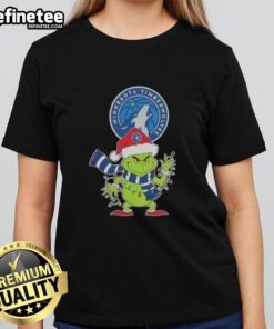 Minnesota Timberwolves Christmas Grinch Santa hat holiday ladies tee, perfect for festive basketball fans.