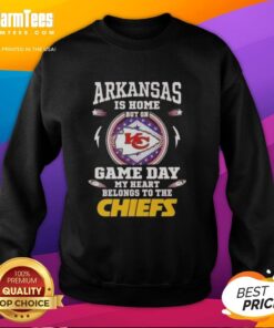 Cozy sweatshirt featuring 'Nice Arkansas is Home, but on Game Day My Heart Belongs to the Kansas City Chiefs' design.