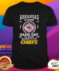 Nice Arkansas Is Home T-Shirt featuring Kansas City Chiefs logo, perfect for game day fans and Chiefs supporters.