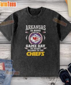 Washed T-shirt featuring 'Nice Arkansas is Home, but on Game Day, My Heart Belongs to the Kansas City Chiefs' design.