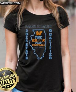 2025 State Qualifier flag football ladies tee featuring 'Nice Back 2 Back' design at The Brook, showcasing team spirit.