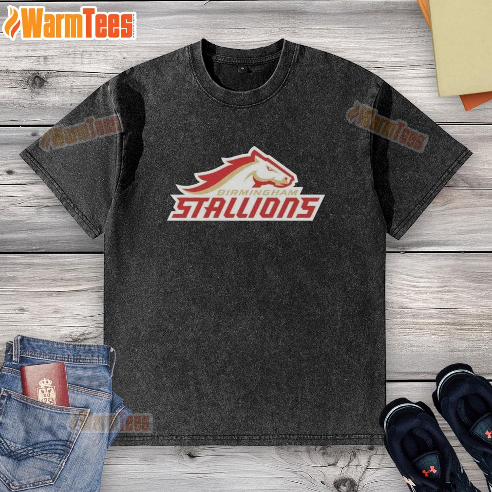 nice-birmingham-stallions-lockup-logo-washed-t-shirt Alt Text: Nice Birmingham Stallions lockup logo on a washed t-shirt, showcasing a stylish and casual sports apparel design.