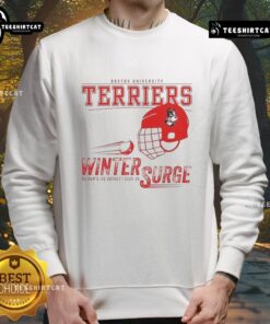 Cozy Boston University Terriers winter surge sweatshirt in navy, perfect for staying warm while showing school spirit.