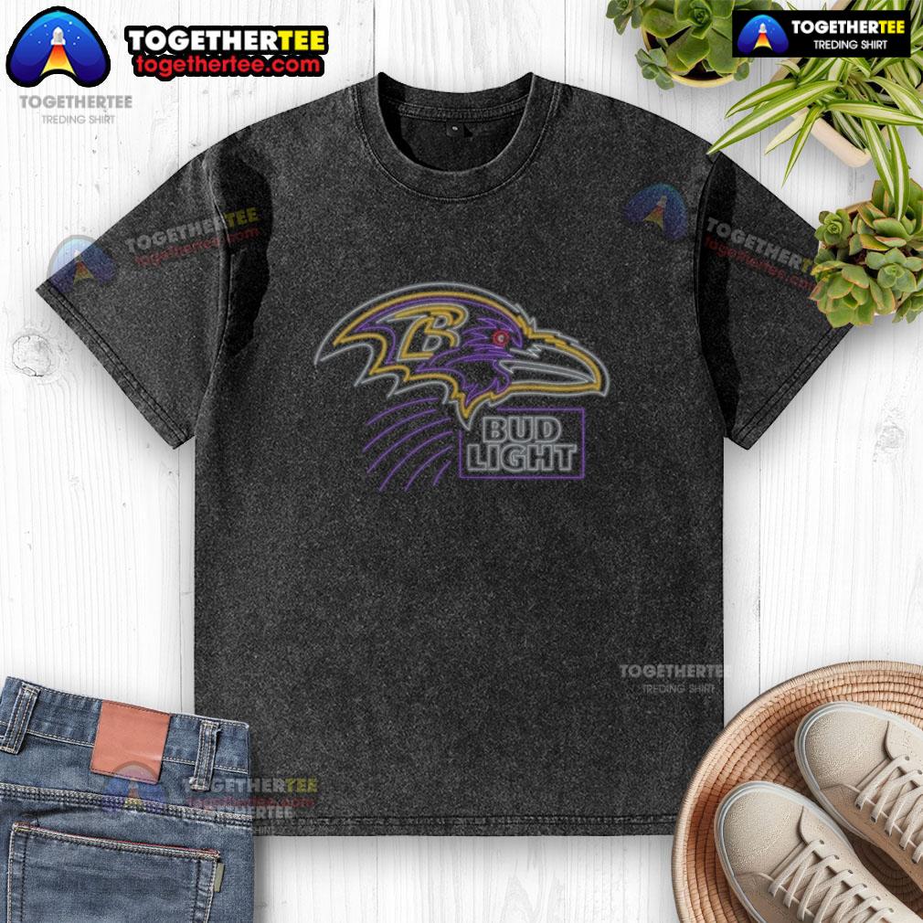 Nice Bud Light Baltimore Ravens Washed T Shirt Nice Bud Light Baltimore Ravens washed t-shirt featuring team colors and logo, perfect for game day attire.