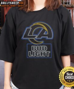 Alt Text: Stylish Bud Light Los Angeles Rams ladies tee featuring team colors and logo, perfect for game day wear.