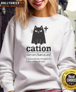 Cozy cat lover sweatshirt featuring 'Nice-Cation: A Pawsitively Charged Ion' design, perfect for feline enthusiasts.