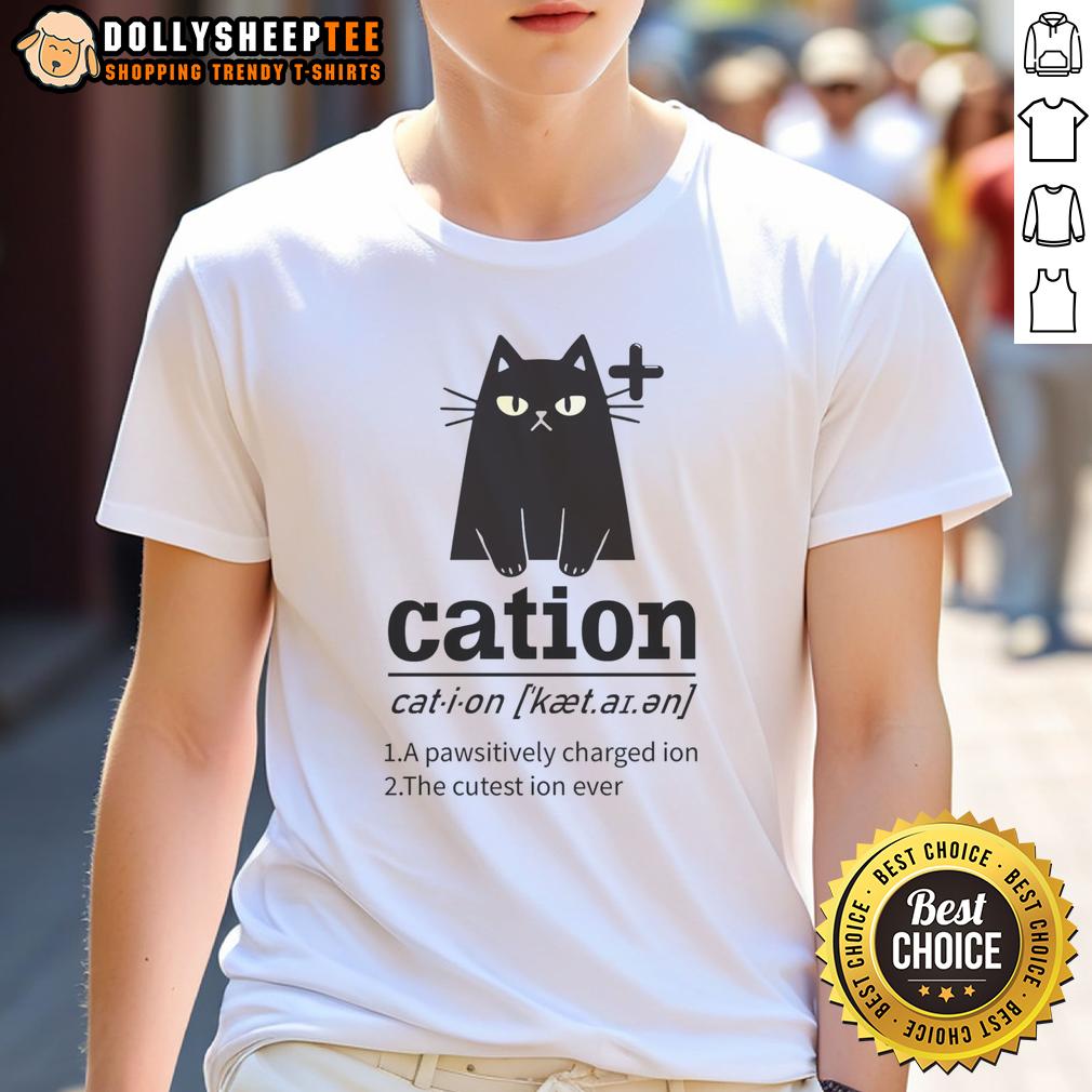 Nice Cation A Pawsitively Charged Ion The Cutest Ion Ever Cat Lover T Shirt Nice Cation A Pawsitively Charged Ion Cat Lover T-Shirt featuring a cute cat graphic and playful text design.