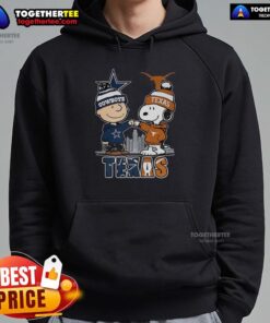 Nice Charlie Brown hoodie featuring Snoopy, Dallas Cowboys, Texas Longhorns, and a skyline design.