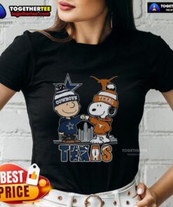 Nice Charlie Brown Dallas Cowboys tee featuring Snoopy, Texas Longhorns, and skyline design for ladies.