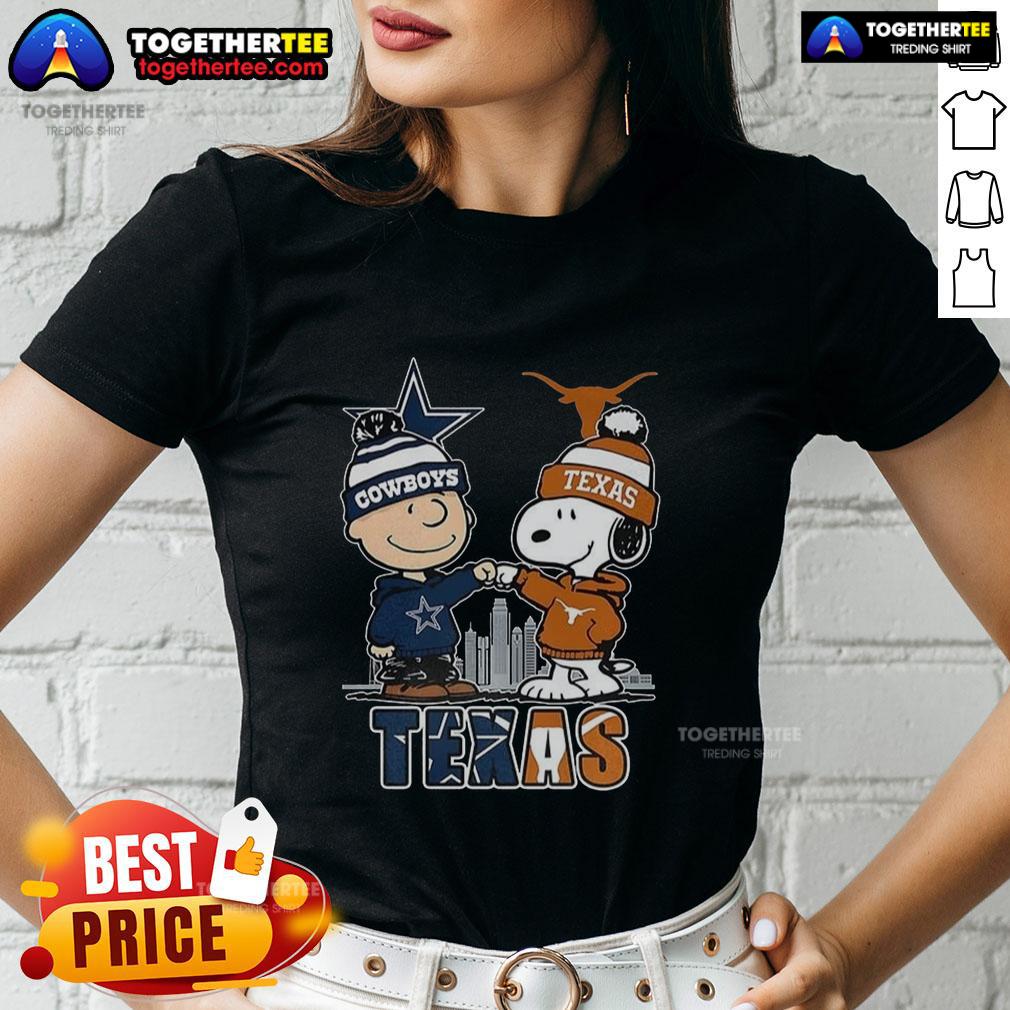 Nice Charlie Brown Dallas Cowboys Touch Hand Snoopy Texas Longhorns Skyline Ladies-Tee Nice Charlie Brown Dallas Cowboys tee featuring Snoopy, Texas Longhorns, and skyline design for ladies.