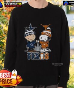Nice Charlie Brown Dallas Cowboys sweatshirt featuring Snoopy with Texas Longhorns skyline design.