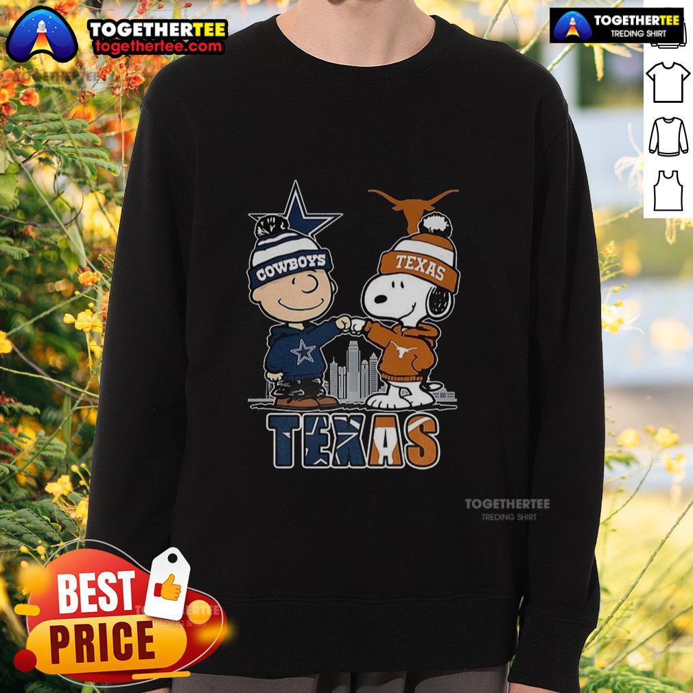 Nice Charlie Brown Dallas Cowboys Touch Hand Snoopy Texas Longhorns Skyline Sweatshirt Nice Charlie Brown Dallas Cowboys sweatshirt featuring Snoopy with Texas Longhorns skyline design.
