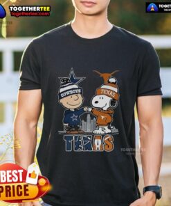 Nice Charlie Brown Dallas Cowboys Touch Hand Snoopy Texas Longhorns Skyline T-Shirt showcasing a playful sports design.