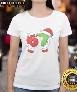 Funny Santa Claus hands meme on a ladies tee for a stylish Christmas outfit, perfect for the holiday season.