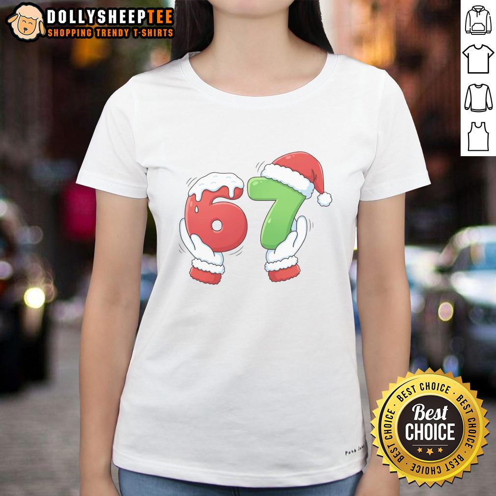 Nice Christmas 67 Meme 6 7 Santa Claus Hands Ladies Tee Funny Santa Claus hands meme on a ladies tee for a stylish Christmas outfit, perfect for the holiday season.