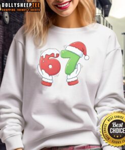 Alt Text: Cozy sweatshirt featuring Santa Claus hands, perfect for a festive vibe this holiday season. Nice Christmas meme design.