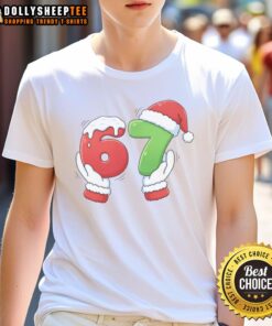Alt Text: Nice Christmas 67 Meme 6-7 Santa Claus hands graphic on T-shirt, perfect for holiday festivities and laughter.