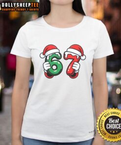 Funny Santa meme on a ladies tee, featuring Santa's hands, perfect for Christmas celebrations.